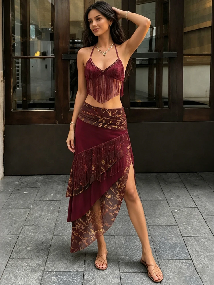 

Leosoxs Leopard Patchwork Tassel 2 Piece Set Women Sexy Backless Halter Bandages Tank Top+Irregular Hem Skirt Hottie Clubwear