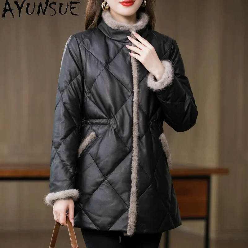 Genuine AYUNSUE Sheepskin Leather Jackets for Women 2024 New Winter Real Jacket Mid-length Down Coats Mink Fur Collar