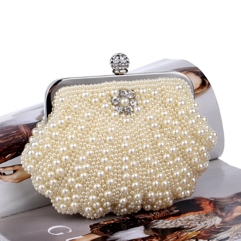 Vintage Shell Pearl Rhinestone Dinner Bride Dress Bag Luxury Women Banquet Small Bag Cocktail Party Handbag Evening Clutch Purse