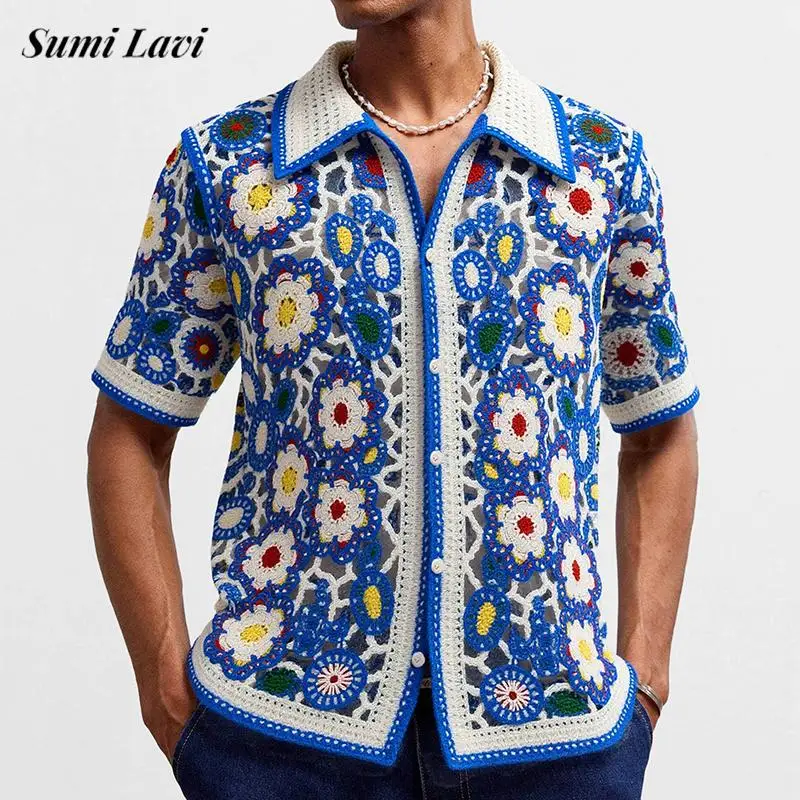 2025 Summer Casual Hollow Out Knit Shirt Men Vintage Florals Crochet Embroidery Knitting Shirts Mens Short Sleeve Cardigan Tops