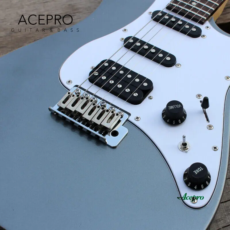 In Stock Acepro Metallic Grey ST Electric Guitar, Tremolo Bridge, S-S-Humbucker Pickups Mini Switch for Split Coil, Guitarra