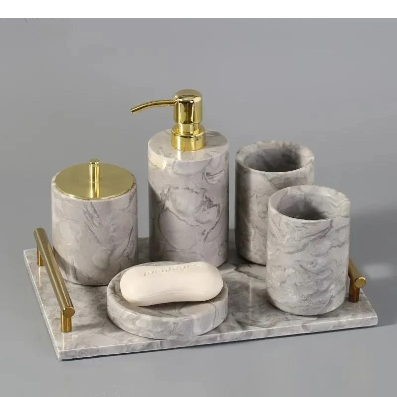 

Marble Toiletry Set Cotton Swab Box Mouth Cup Soap Dispenser Five-piece Home Bathroom Accessories Tissue