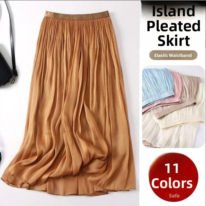 

Summer New Women's Silk Luminous A-Line Skirt High Waist Comfortable Cool Feeling Elegant plus Size Elastic Waist Midi Skirt