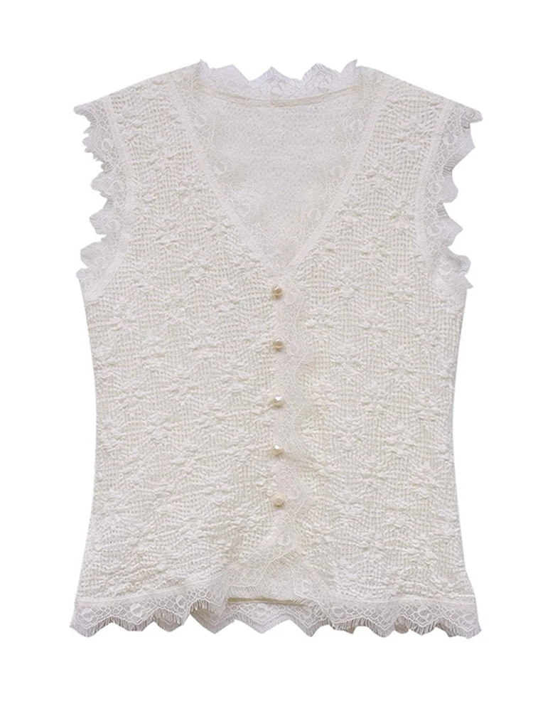 레이스 패치워크 스웨이드 탑 순색 여름 2025 여성 패션 레이어링 베스트 스몰 캐주얼 디자인 한국 스타일