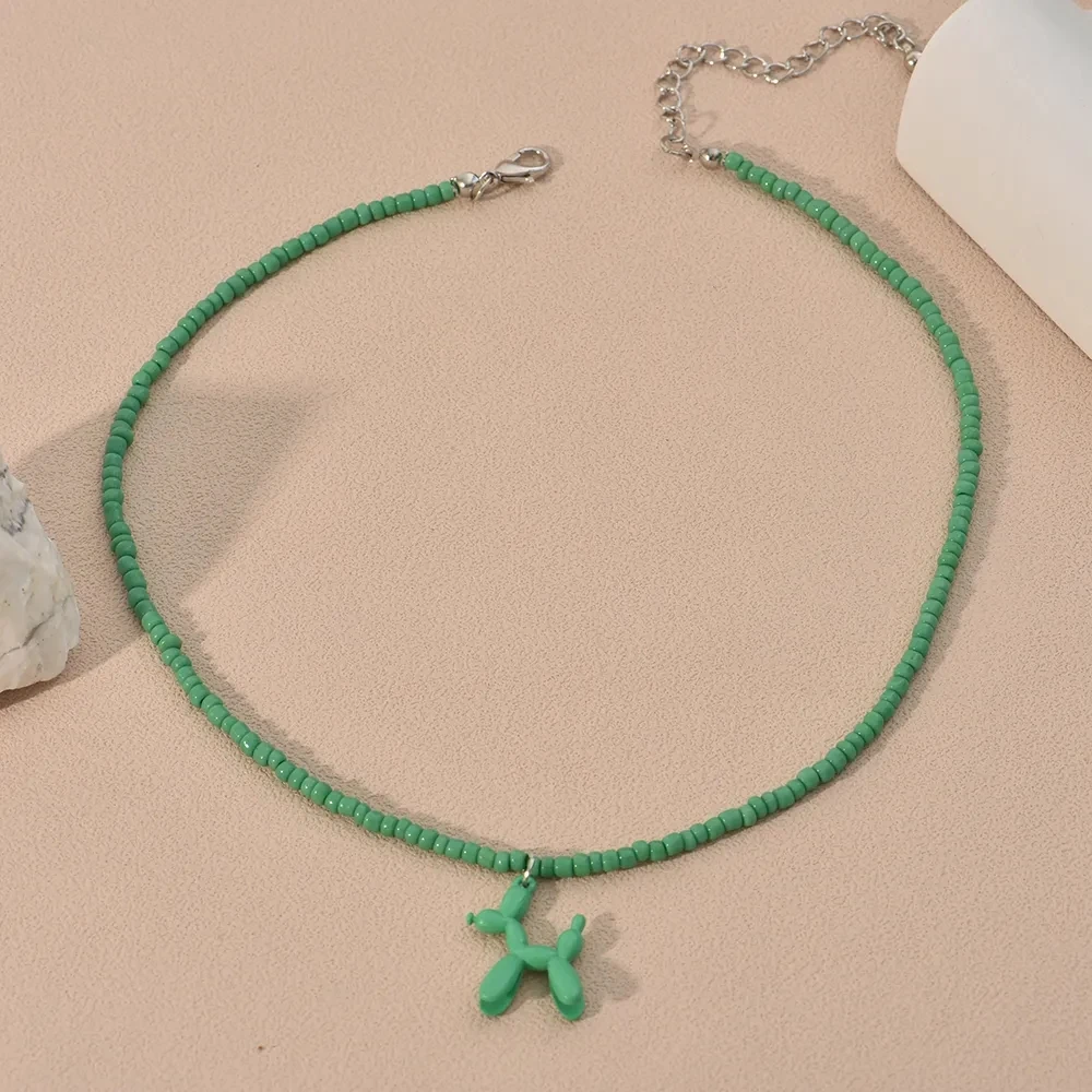 Cute Colorful Enamel Puppy Dog Pendant Necklace for Women Boho Ethnic Handmade Beaded Chain Choker Necklace Wholesale Jewelry