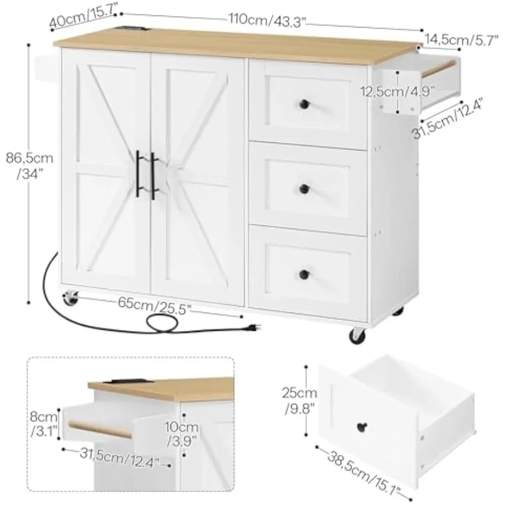 Kitchen Island with Power Outlet, Kitchen Island on Wheels, Rolling Kitchen Island Cart with 3 Drawers