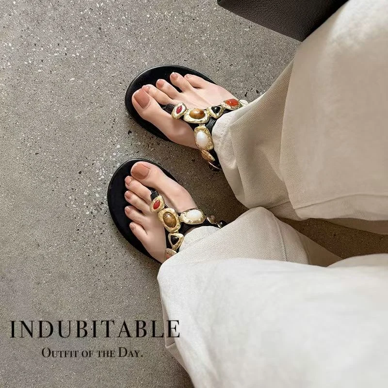 2026new summer women sandals natural leather 22-25cm cowhide+sheepskin+pigskin rhinestone split toe mules women flip-flops