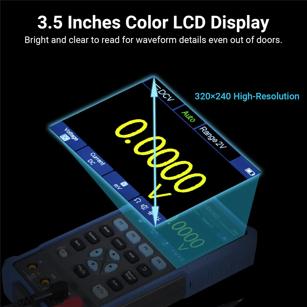 HDS242 HDS242S HDS272 HDS272S 2CH Handheld Digital Oscilloscope Signal Generator True RMS 40MHz/70MHz 250MSa/s USB Type C 8 Bit