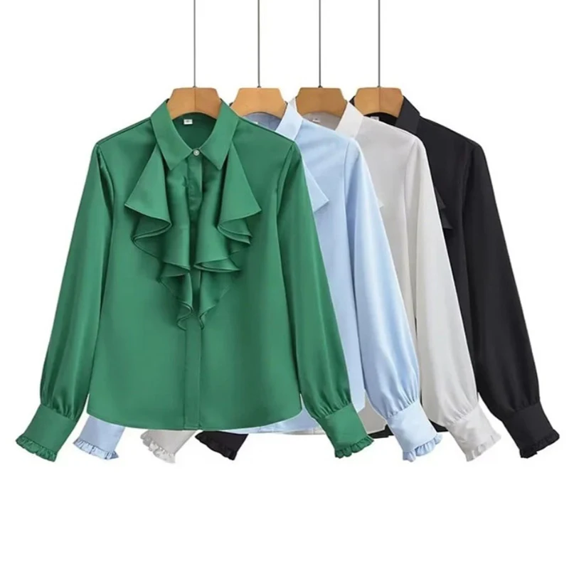 

New Long Sleeve Lapel Ruffled Design Women Shirt Solid Female Satin Elegant Blouse Women 2023 Spring Autumn Loose Tops 30442