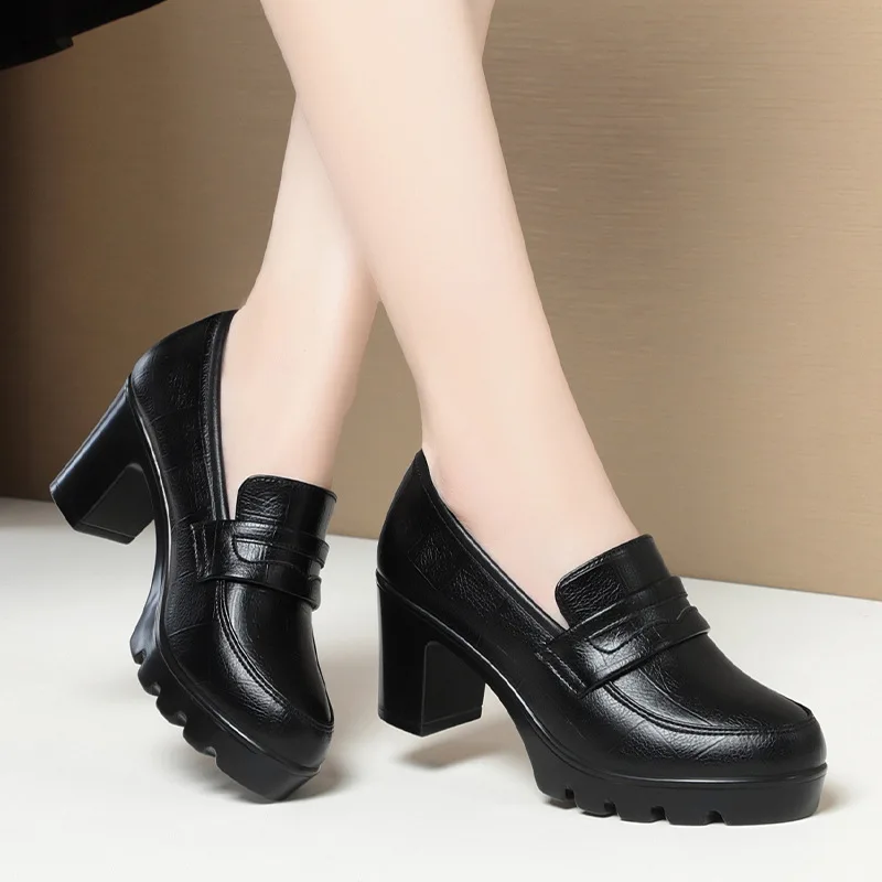 

6.5cm 8.5cm Fashion Comfortable Black Soft Leather Shoes Deep Mouth Spring 2024 Block Heels Shoes Women for Office Mom Model