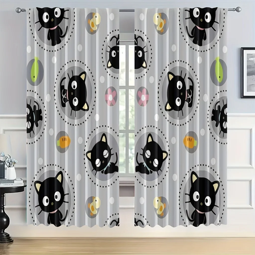 Cartoon Black Cat Circle Dot Blackout Rod Pocket Curtain Small Duck Flower Decor Kid Homestay Bedroom Rest Bay Window