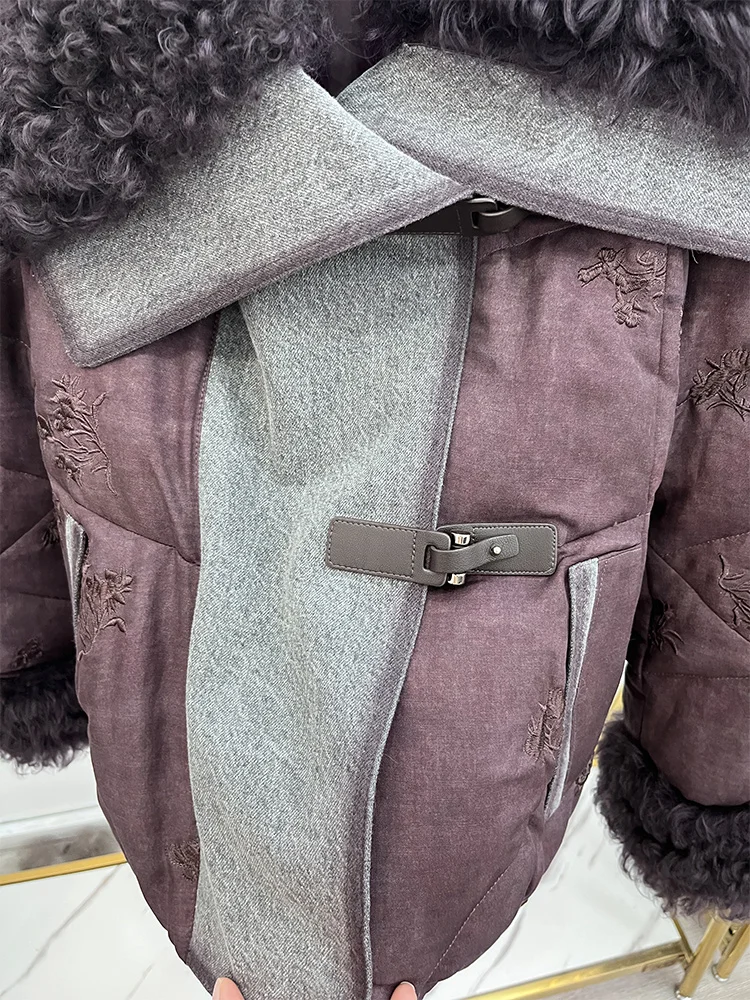 2025 Winter Natrual Real Sheep Lamb Fur Collar Women's Warm Denim Coat Goose Down Jacket Luxury Thick Outwear Female Coats