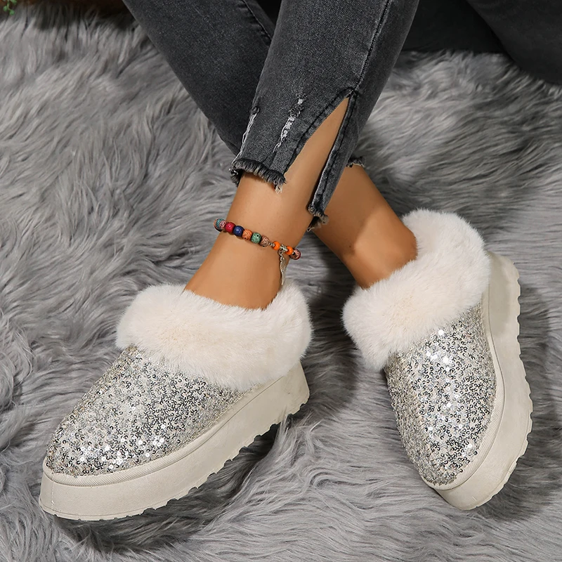 Luxurious Glitter Sequins Womens Plush Ankle Boots Autumn Thick Bottom Platform Snow Boots Ladies Suede Short Plush Shoes Botas