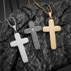 Christian Stainless Steel Cross Pendant Engraved Bible Necklace for Men Women Catholic Prayer Lucky Amulet Jewelry