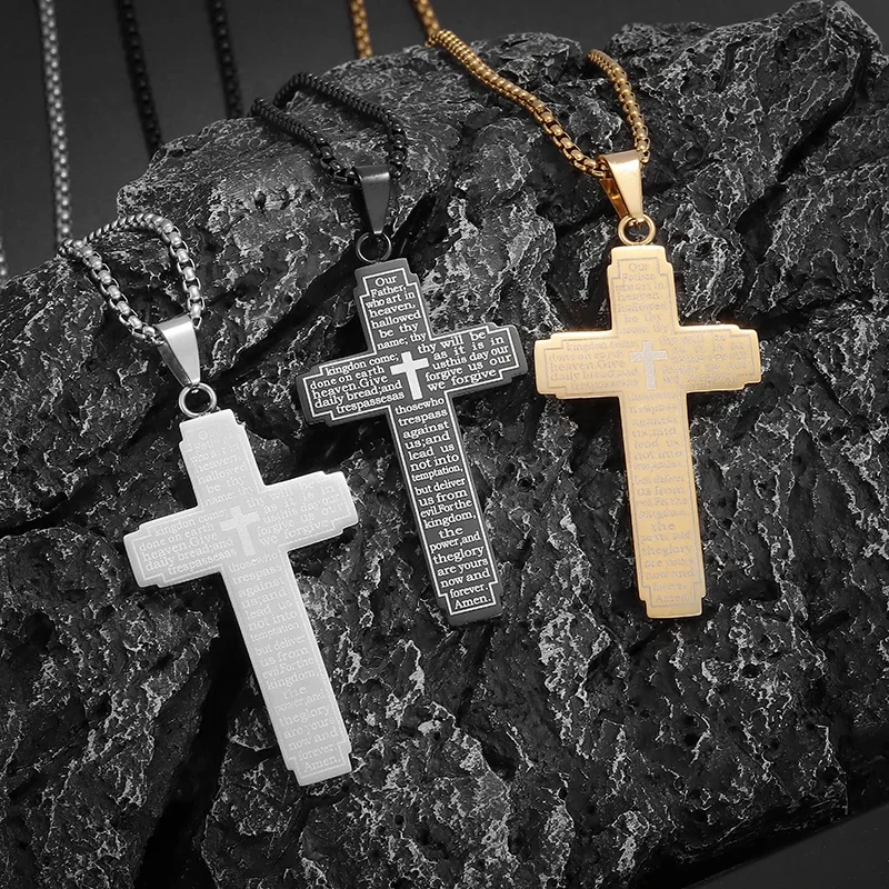 Christian Stainless Steel Cross Pendant Engraved Bible Necklace for Men Women Catholic Prayer Lucky Amulet Jewelry