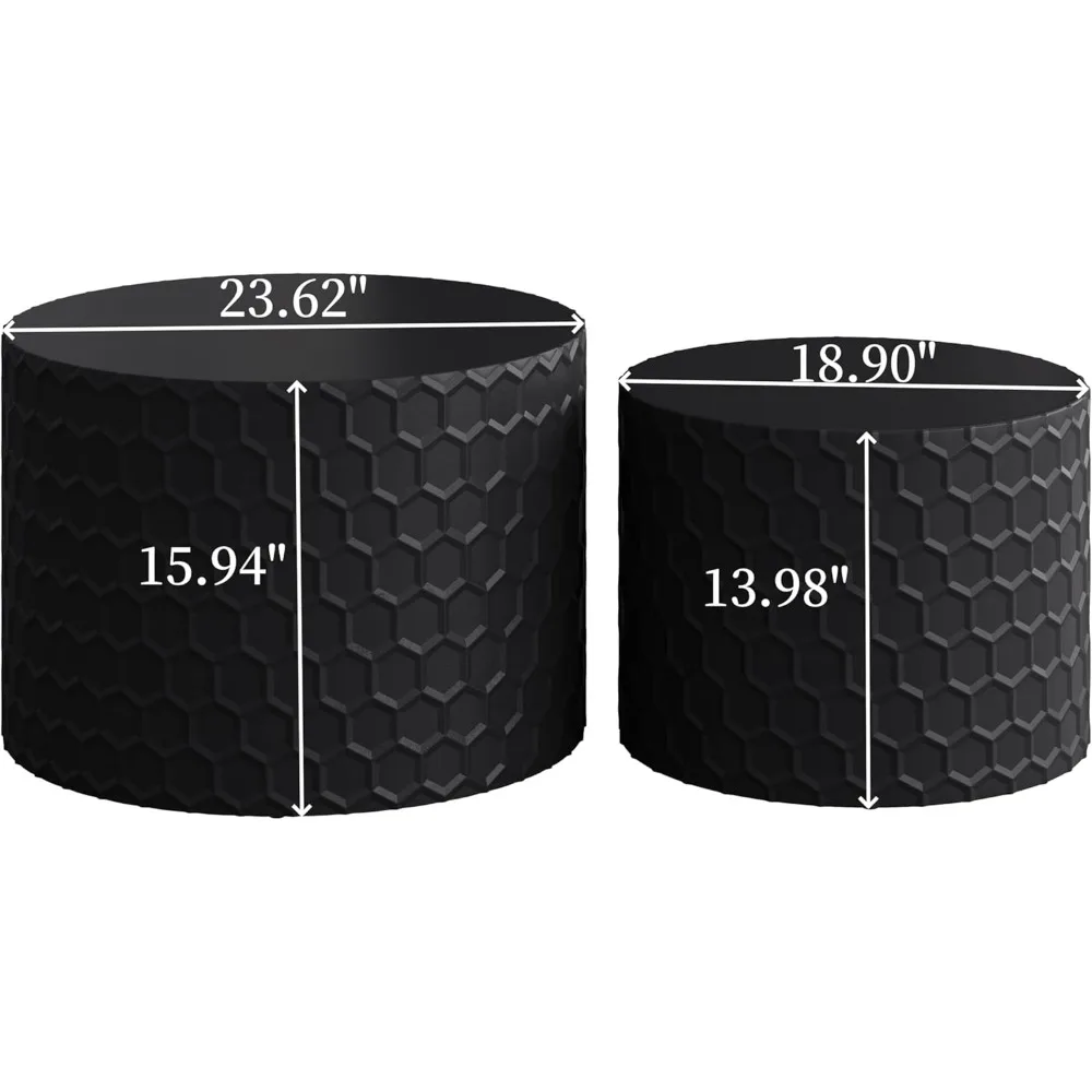 Black Round Nesting Coffee Table Set of 2, Modern Circle Drum Coffee Table Side Table End Table for Living Room, Wood Circle Co