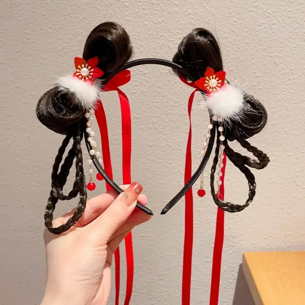 Flower Children Wig Headband Braid Hair Tang Suit Hair Hoop Chinese New Year Headwear Tassel Ancient Style Red Bow Hairband