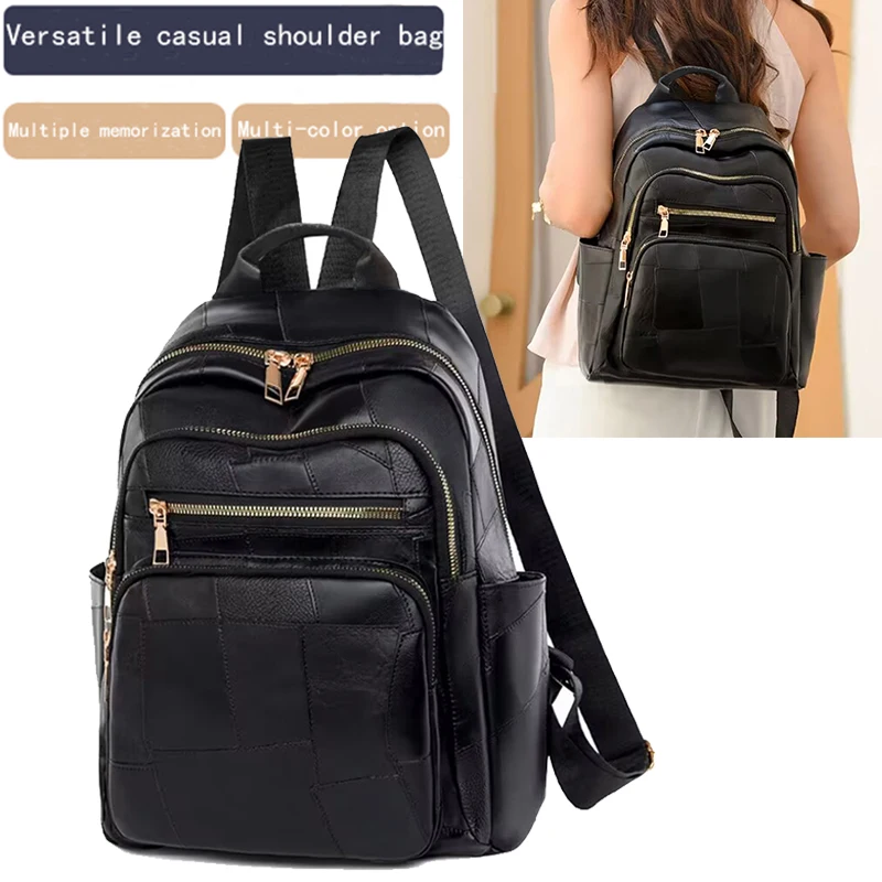 

Модный женский черный лоскутный рюкзак с золотой фурнитурой для ежедневных поездок. Стильная прочная повседневная сумка с несколькими карманами.