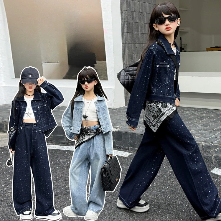 

Комплект одежды для девочек 4-14 лет: блестящий джинсовый костюм с горячим тиснением, джинсовая куртка + широкие брюки, 2 предмета, детский комплект одежды для подростков.