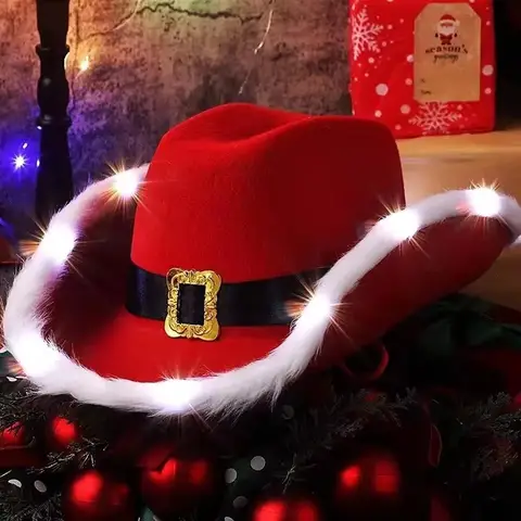 Chapeau de cowboy Shoous pour hommes et femmes, chapeaux en feutre rouge occidental, chapeau de cow-girl à large bord, chapeau de jazz, fête du père Noël, mode de Noël