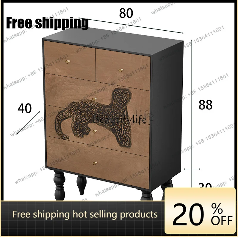JJ -Medieval style leopard print bucket cabinet bedroom against the wall living room solid wood multi-layer locker