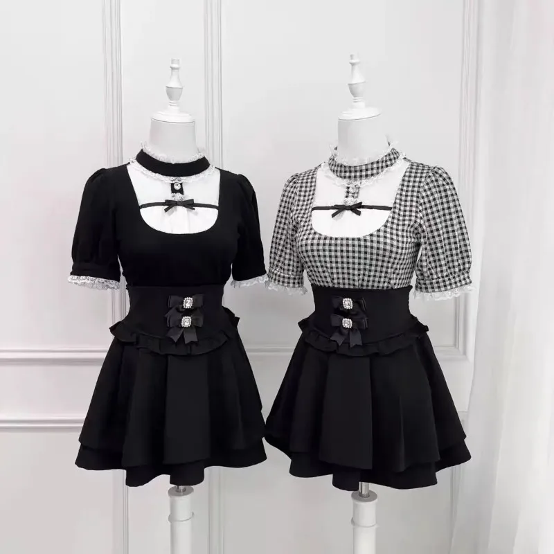 Gothic Sweet Ruffle Lace Plaid Blouse Ladies Vintage Y2K Japanese Lolita Short Sleeve Daily Street Casual Tops For Girls