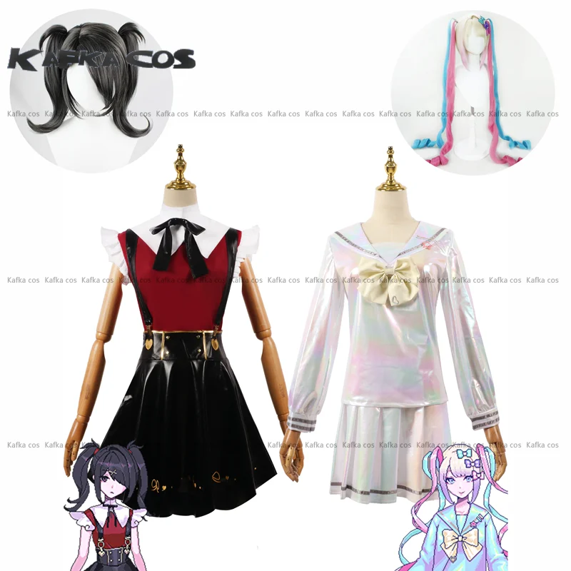 Anime NEEDY GIRL OVERDOSE  Kangel Rain Cosplay Costume Red Shirt White Cloak Black skirt Bow Tie Wig Halloween Roleplay Props