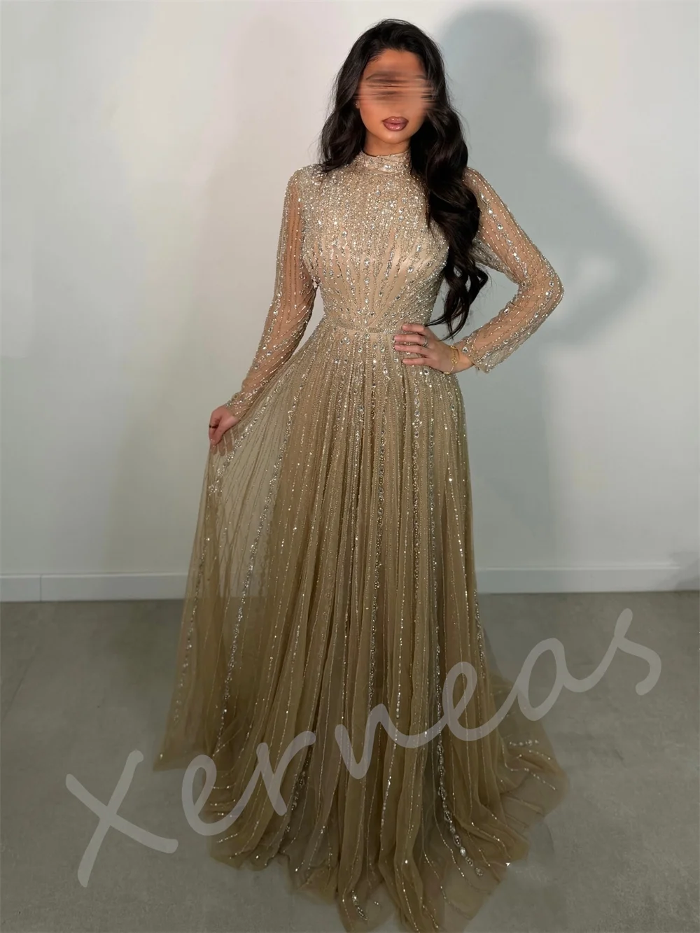 Customized Luxury Sparkle Long Sleeves Evening Gowns Pleat High Collar A-line Long Dresses Elegant Wedding Party Gown Gorgeous image 2