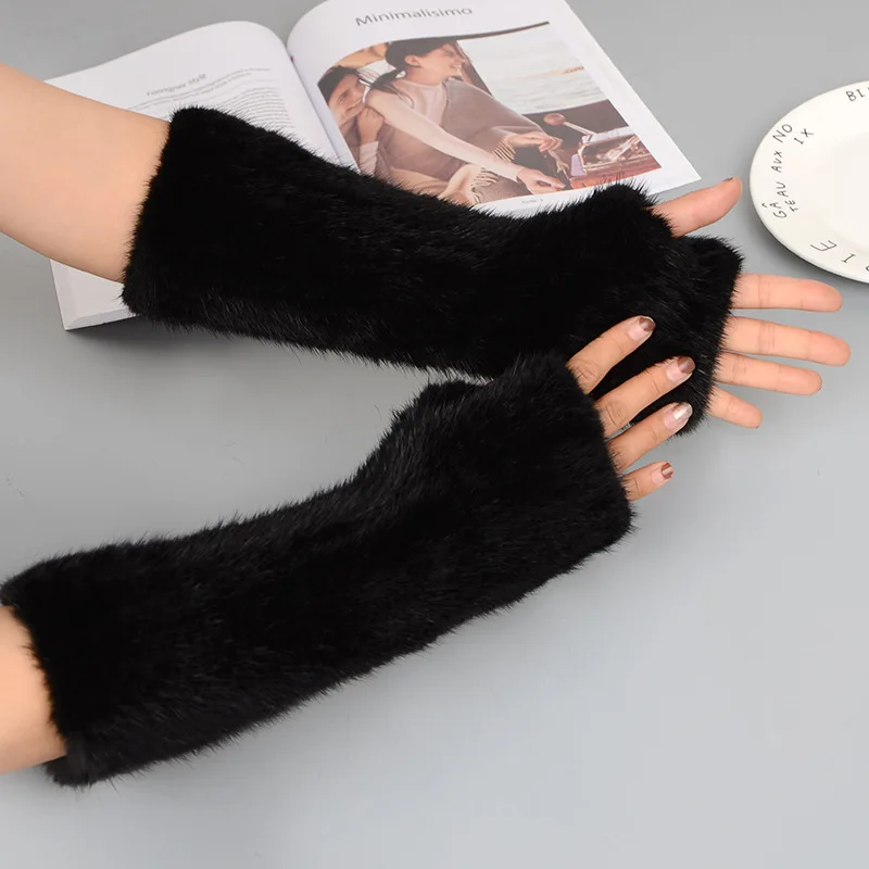 New Women 100% Real Genuine Knitted Mink Fur Mittens Winter Warm Lady Real Fur Fingerless Gloves Handmade Knit Mink Fur Mitten