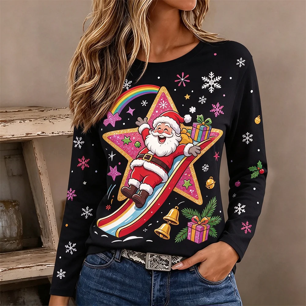 Ladies Christmas Long Sleeve T Shirt Santa Graphic Striped Splice Tee Women Autumn Casual Round Neck Holiday Xmas Tops Pullover
