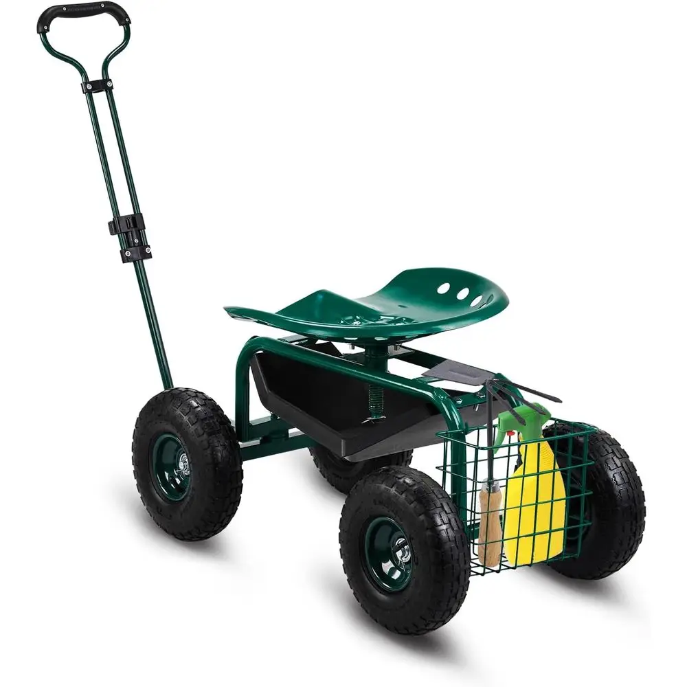 

360° Swiveling Rolling Garden Seat Cart with Adjustable Handle and Tool Tray, Green