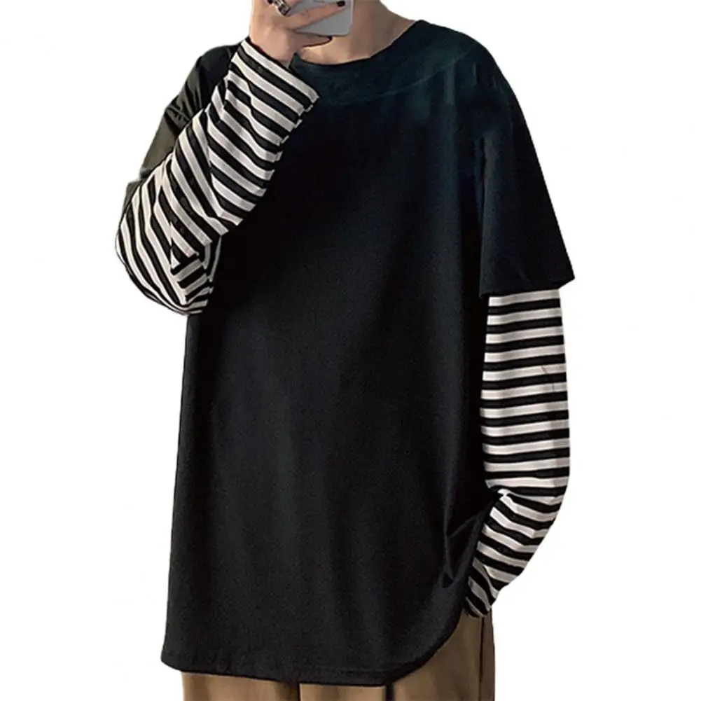 Fake Two-piece Men T-shirt Harajuku O Neck Oversized Stripe Spring Autumn T-shirt Pullover Men Tops Streetwear футболка оверсайз