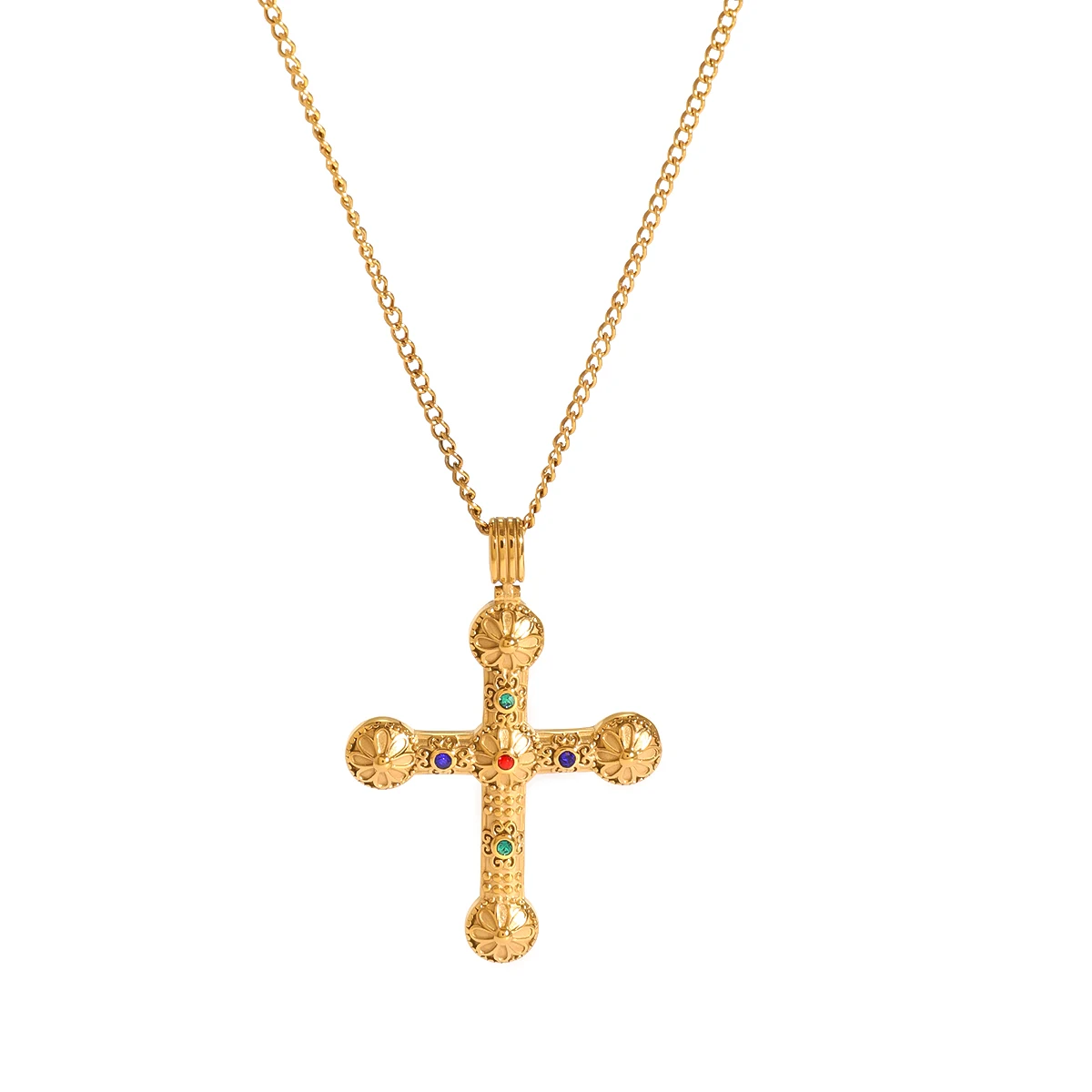 Youthway, nuevo diseño, collar con colgante de Cruz de circón colorido chapado en oro para Unisex, accesorio de joyería de acero inoxidable resistente al agua