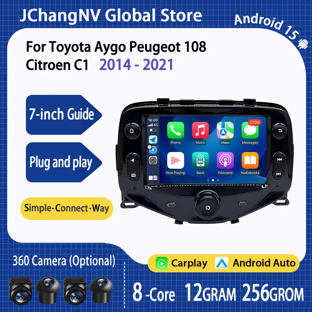 7inch For Toyota Aygo Peugeot 108  Citroen C1 2014 - 2021 Autoradio Car Radio Multimedia Player Carplay 4G+WIFI BT DSP Stereo