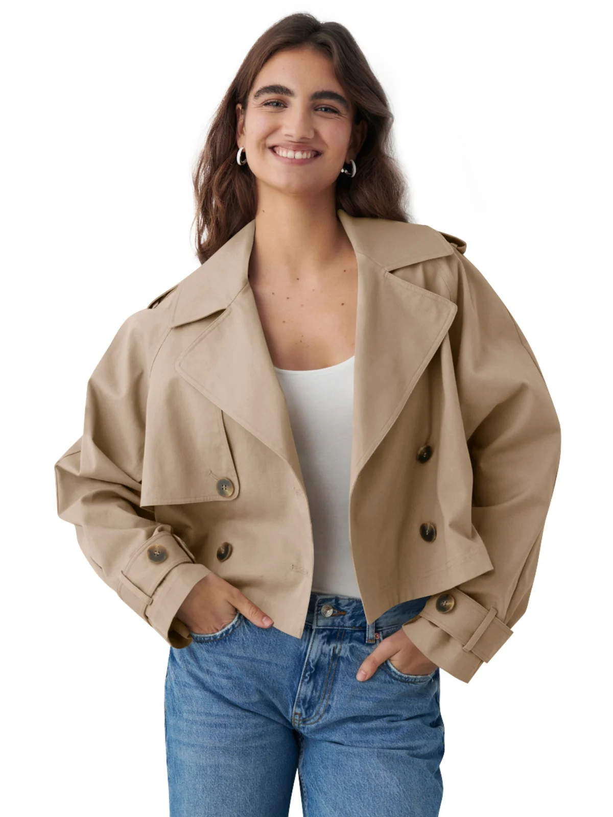 

Double Breasted Office Lady Outerwears Women Cropped Trench Casual Coat Lapel Long Sleeve Short Jacket Fashion Loose Streetwear