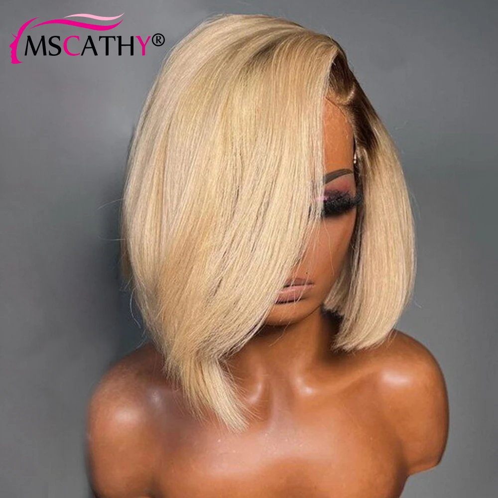 13x4 Transparent Lace Front Human Hair Wigs Straight Ombre Blonde Color Lace Wig Brazilian Remy On Sale Short Bob Pixie Cut Wig