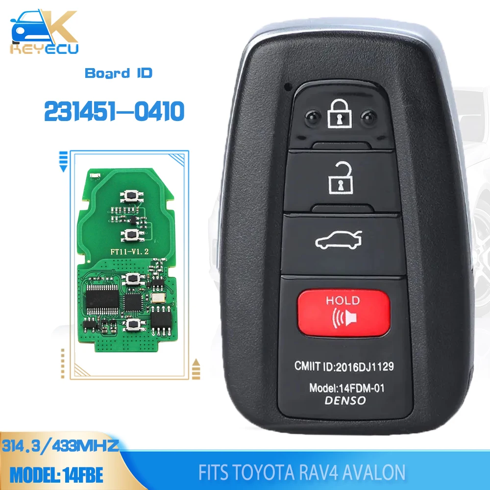 KEYECU Board ID 231451-0410 Smart Remote Key 312/314.3/433MHz 8A Chip Fob for Toyota RAV4 Avalon FCCID: HYQ14FBE P/N:8990H-07020