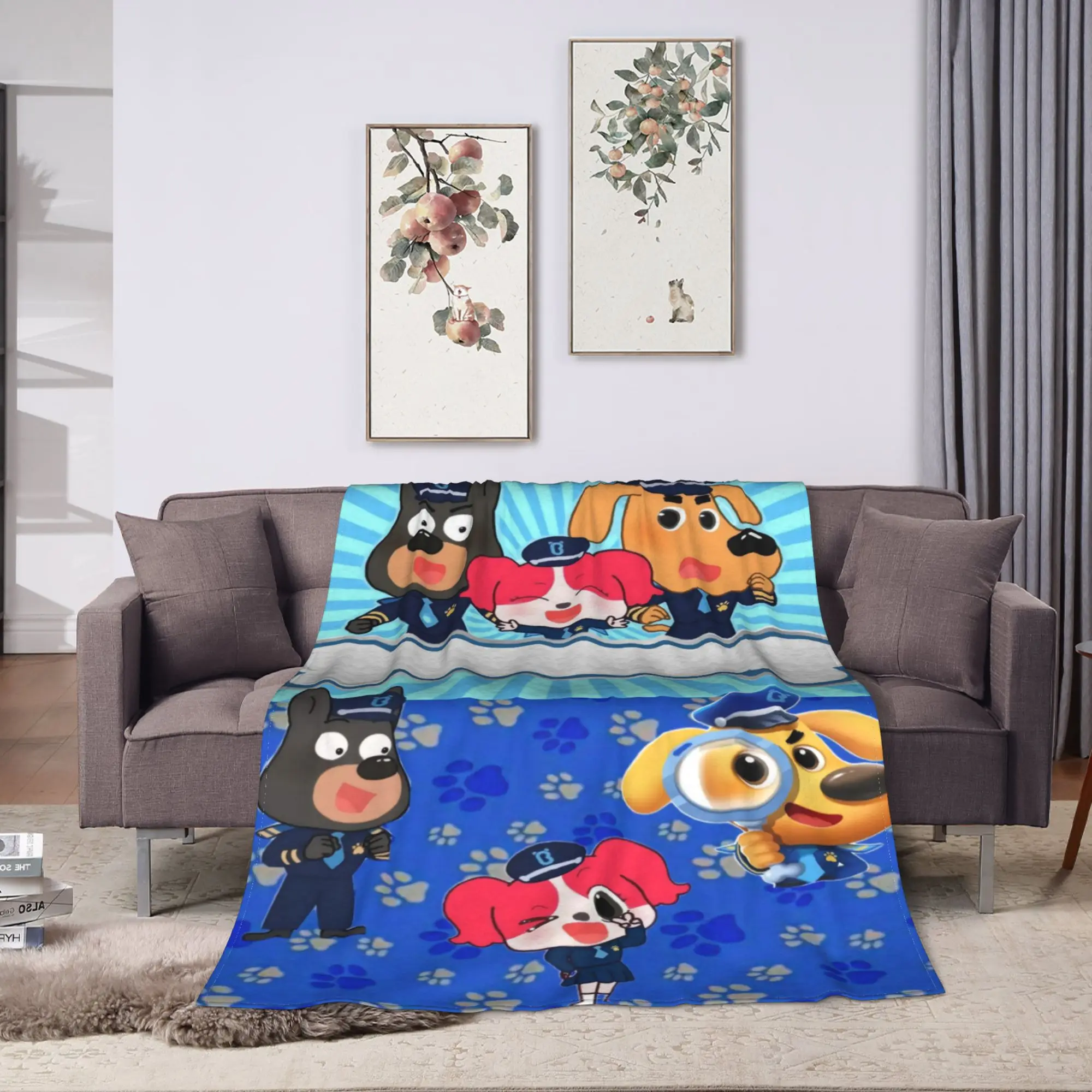 Sheriff Labrador Cartoon Animation Flannel Blankets  Super Warm Bedding Throws for Outdoor Graphic Bedspread Sofa Bed Cover