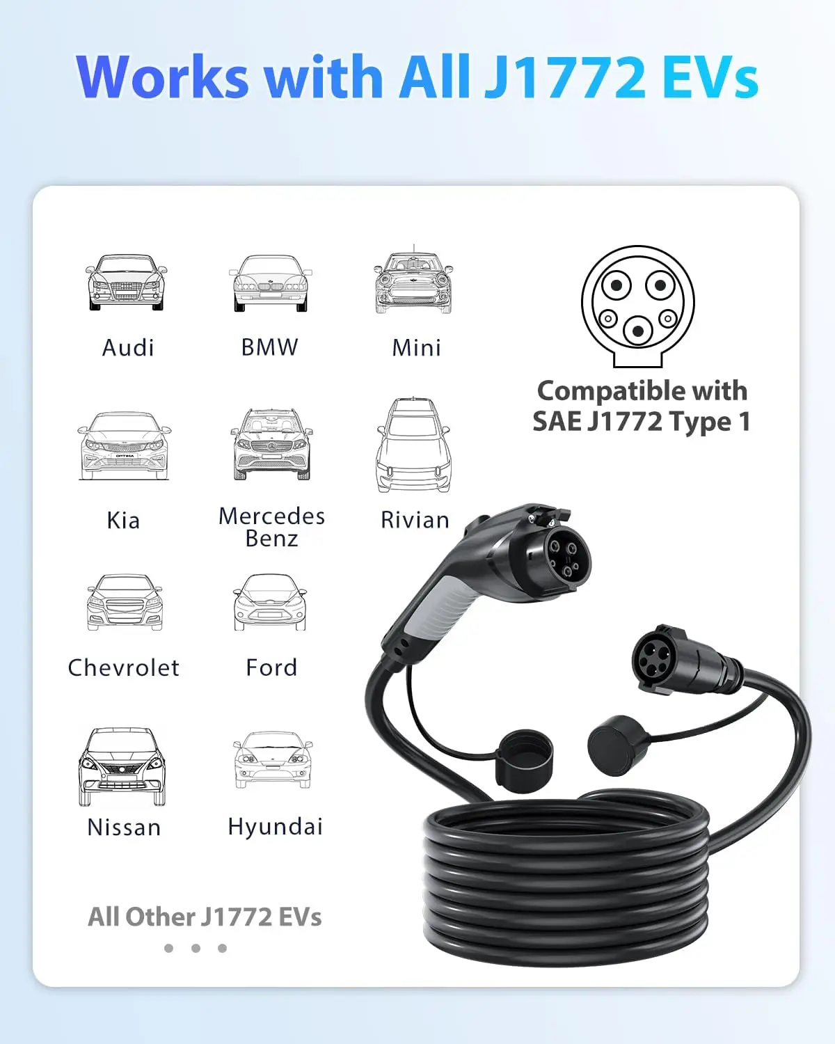 EVDANCE-Câble d\'extension de chargeur pour véhicule électrique, J1772 EV, 40A, 30 pieds, 110V-240V, compatible avec tous les SAE J1772 EVs