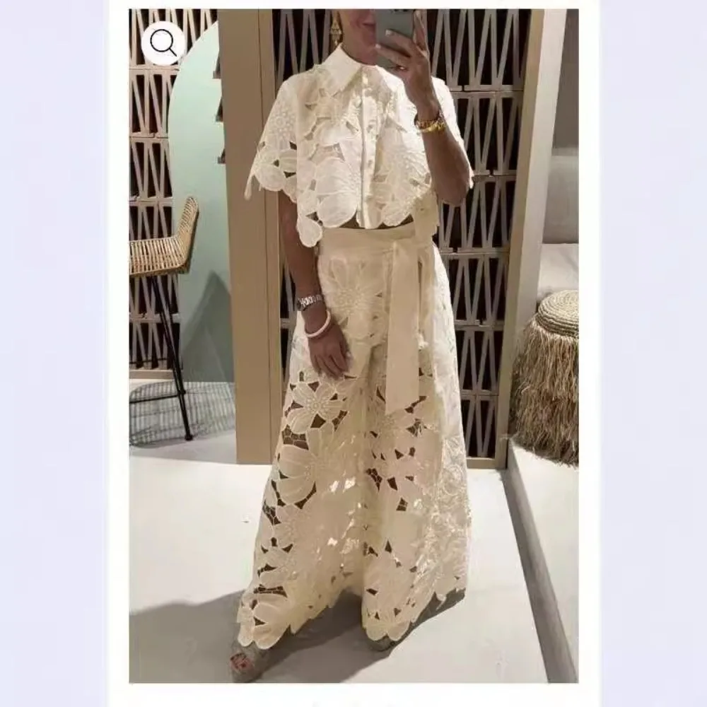 2025 European And American New Fashion Women's Lace Casual Two-Piece Set Summer Loose Shorts Top Outfit Vacation Beach Wear
