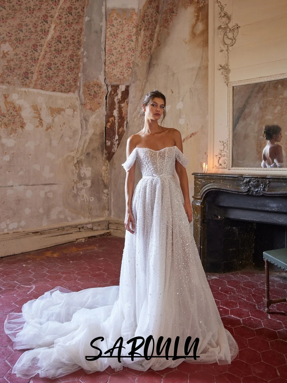 Romantic Soft Off-the-Shoulder Wedding Dress Flowy Sequin Beaded A Line With Lightweight Train Customized Dreamy Bridal Gown