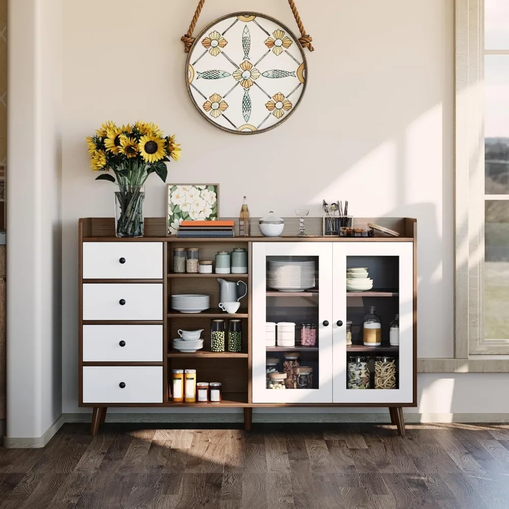 خزانة مع مساحة تخزين، 55.1 طاولة بار قهوة جانبية للمزرعة، مع 4 أرفف قابلة للتعديل، بابين زجاجيين، 4 أدراج، مود