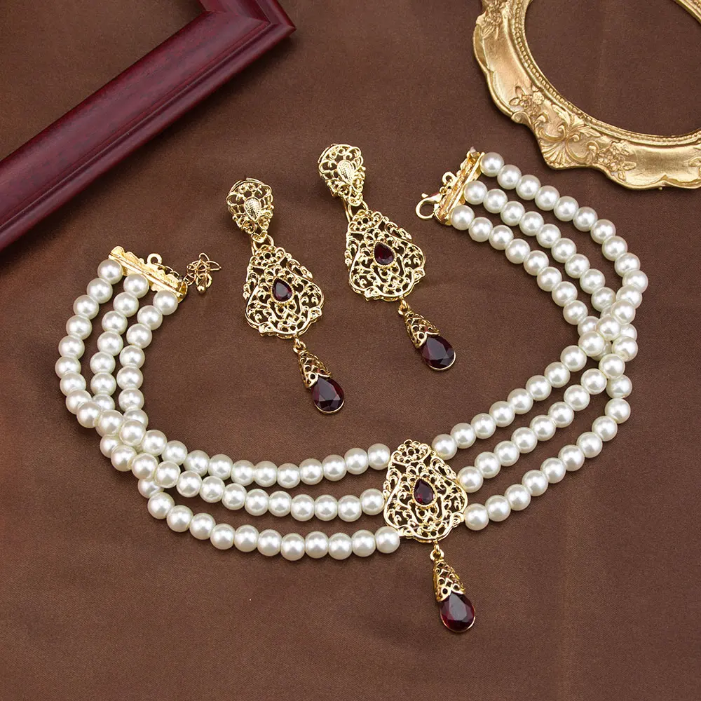 Sunspicems Chic Morocco Jewelry Set Bridal Earring Bead Pearl Choker Necklace Gold Color Arabic Neck Chain Bijoux