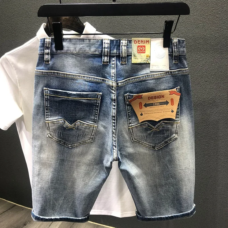 Short jeans azul claro masculino com furos, streetwear masculino, Stretch Jeans, calça reta, moda verão, novo