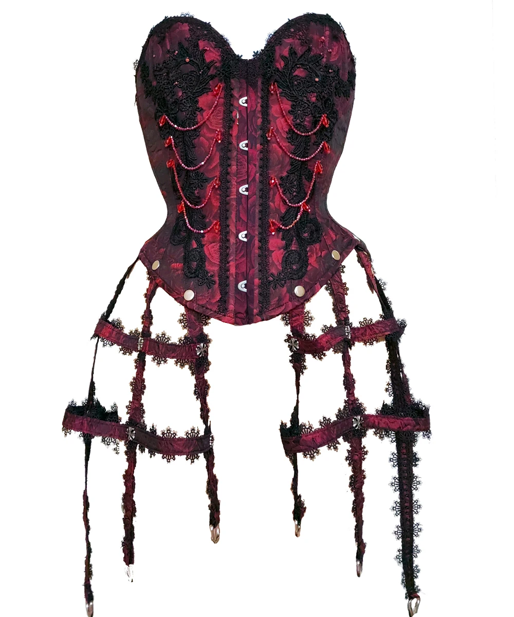 Steel Boned Red Overbust Corset for Women, Teardrop Drop Bead Embellished Bustier, Sexy Lace Up Waist Trainer Cincher Top