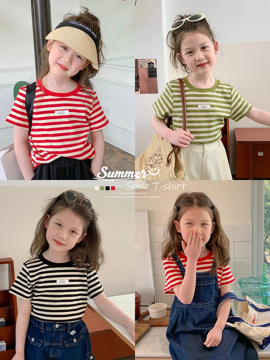 

Designer Stripe Short Sleeve 2023 Summer New Round Neck Loose T-shirt Children's Casual Letter Decoration Top