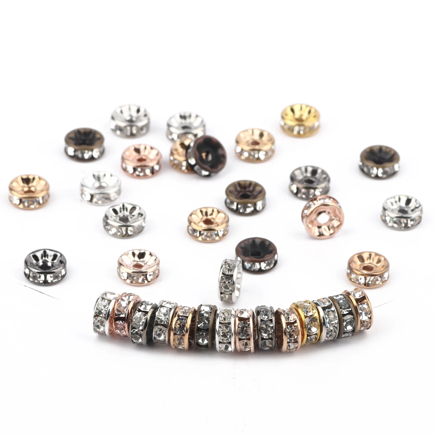 50pcs Rhinestone Spacer Beads Multi-color Crystal Metal Spacers Rondelle Beads for Jewelry Making DIY Bracelets Accessories