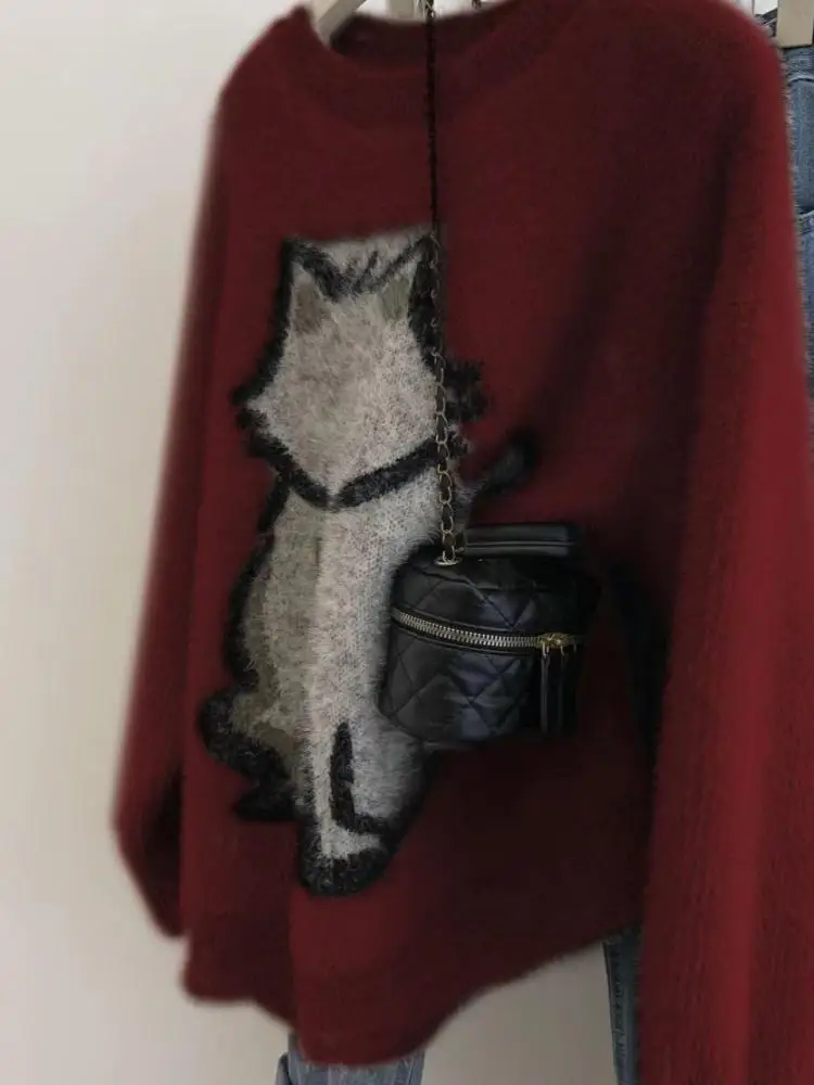 

Осень-зима, красный, бежевый принт, свободный пуловер, короткий норковый свитер, женский корейский свитер с круглым вырезом и длинными рукавами, праздничные вязаные топы, модные