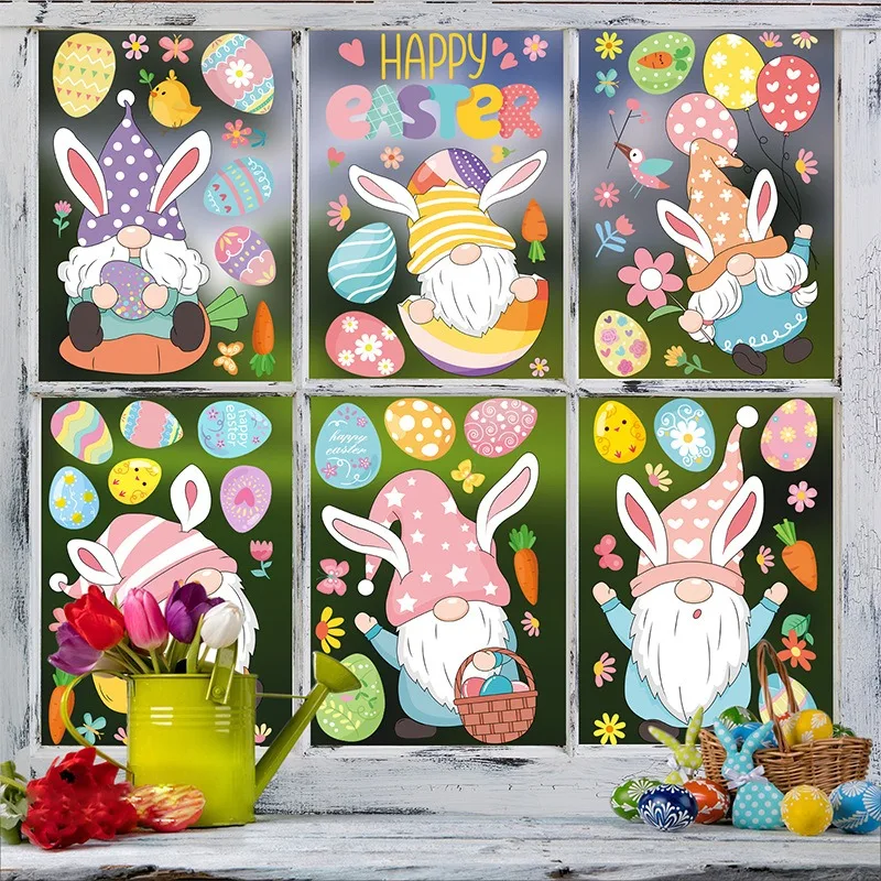 

Cartoon Rabbit Easter Stickers Cute Egg Window Decals Store Glass Wall Decor Self Adhesive Removable Bunny Decoration