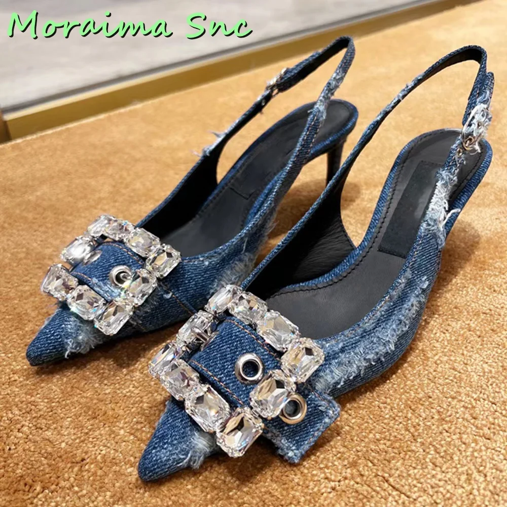 

Crystal Buckle Pointed Toe Denim Sandals Stiletto Mid Heel Back Strap Shallow Blue Solid Women Shoes Summer 2024 New Arrivals